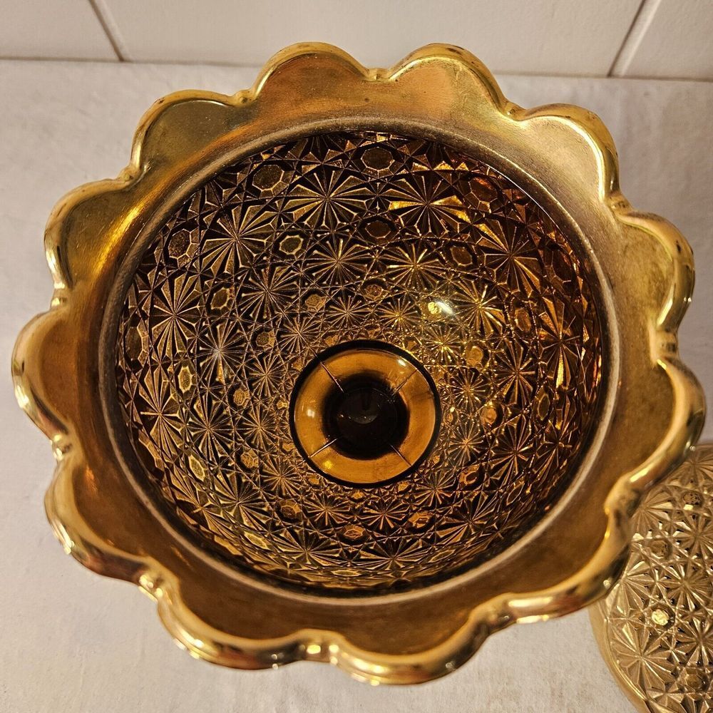 LE Smith Daisy & Button Amber Gold Compote - Ruffled Edges W/Lid - Picture 5 of 10